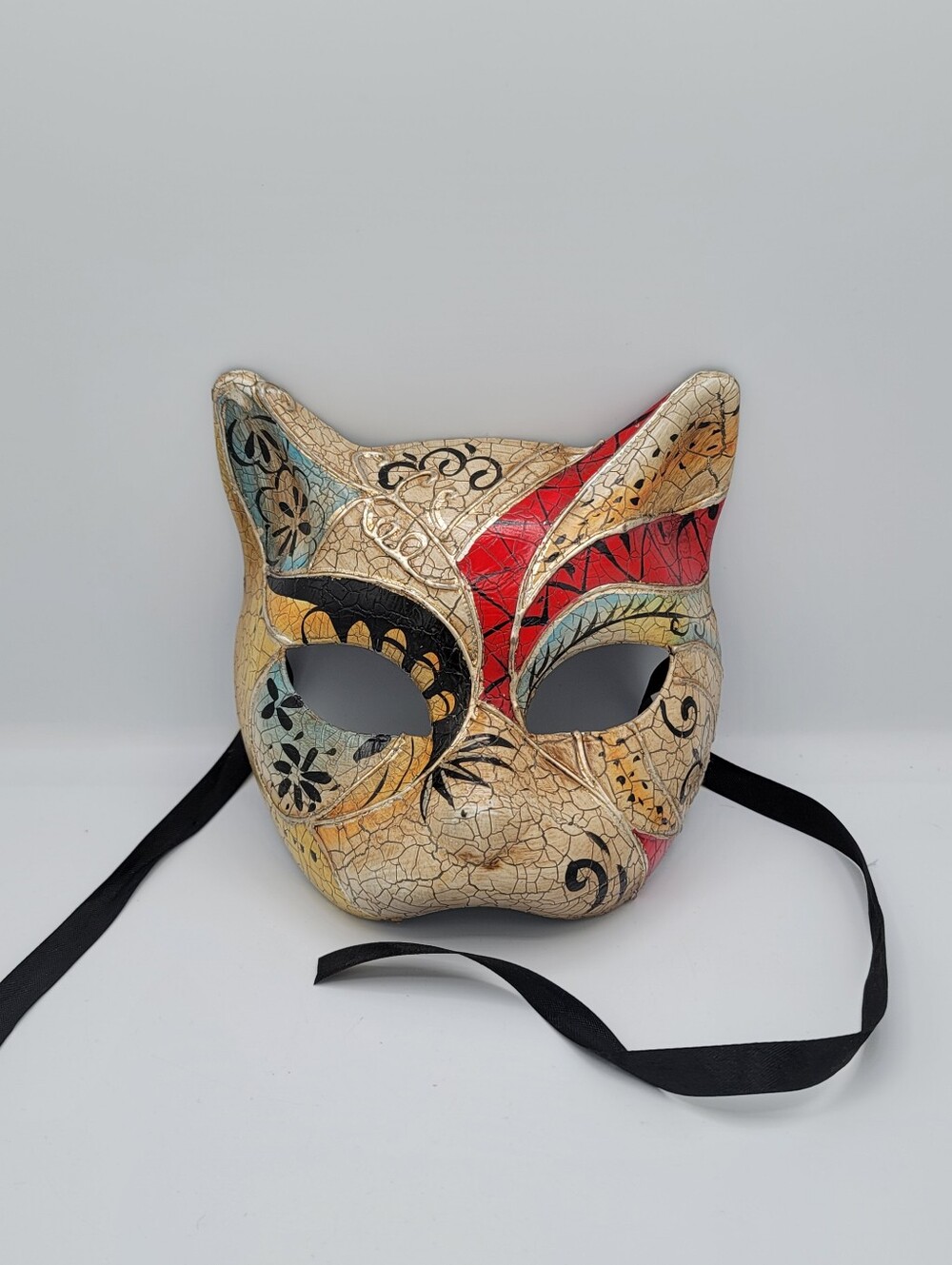 Cat Masquerade Mask Venetian Style Crackle Painted Gold Red Carnival Costume